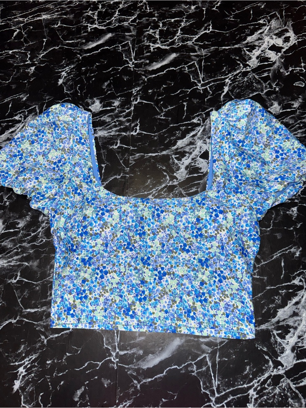Blue Floral Puff Sleeve Swim Top